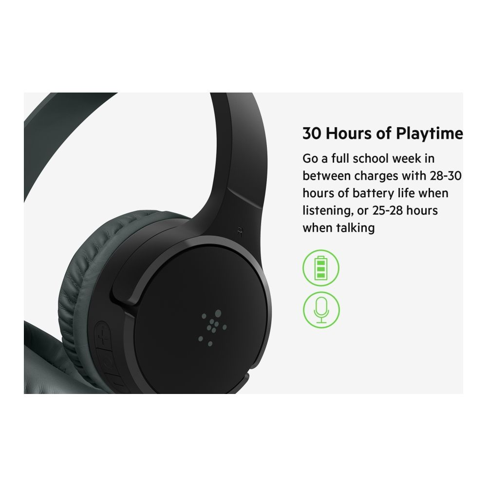 Pokazano ciemnoszare słuchawki z 30-godzinnym czasem odtwarzania.