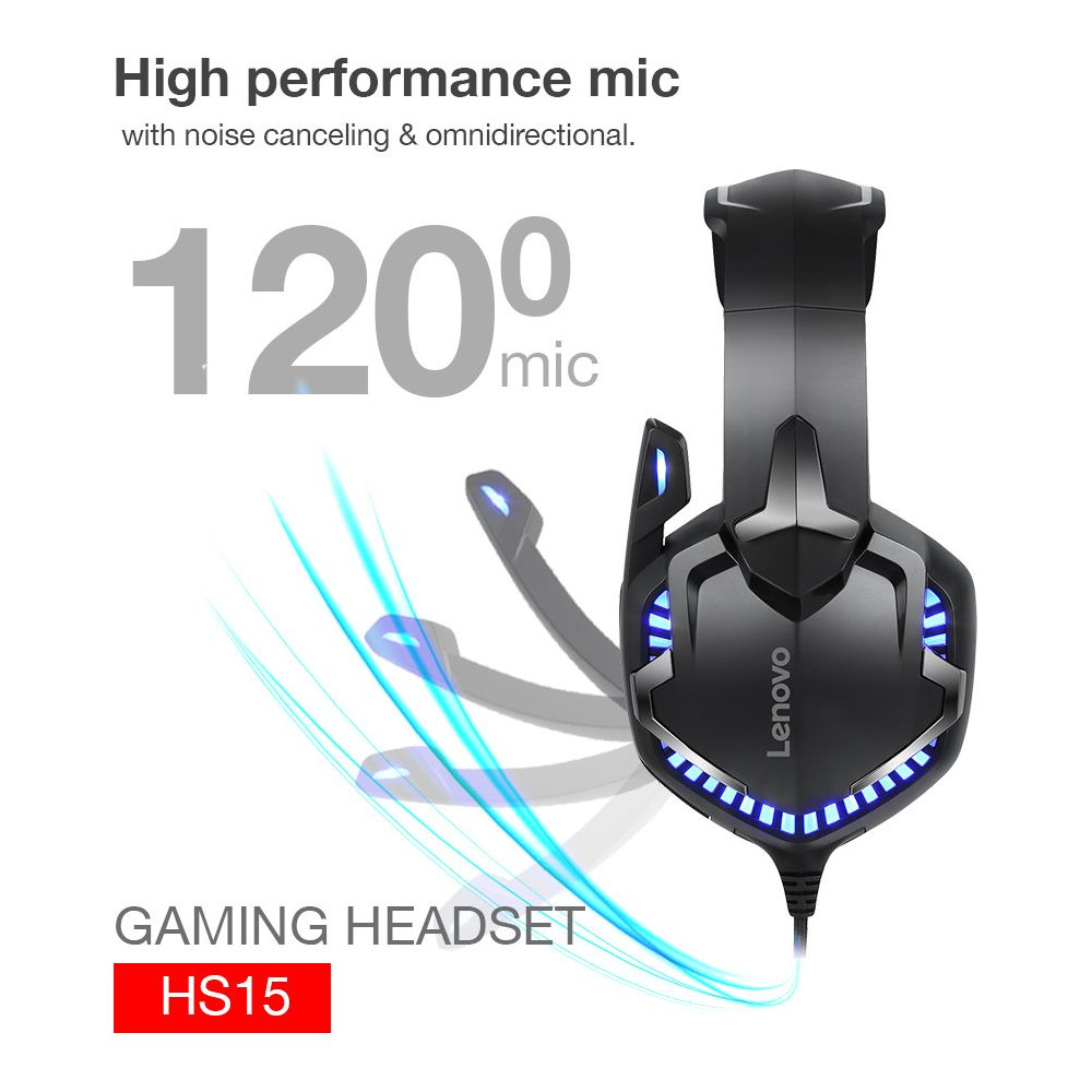 Casque gaming Lenovo HS15 avec micro 1200 Hz et lumières LED bleues.
