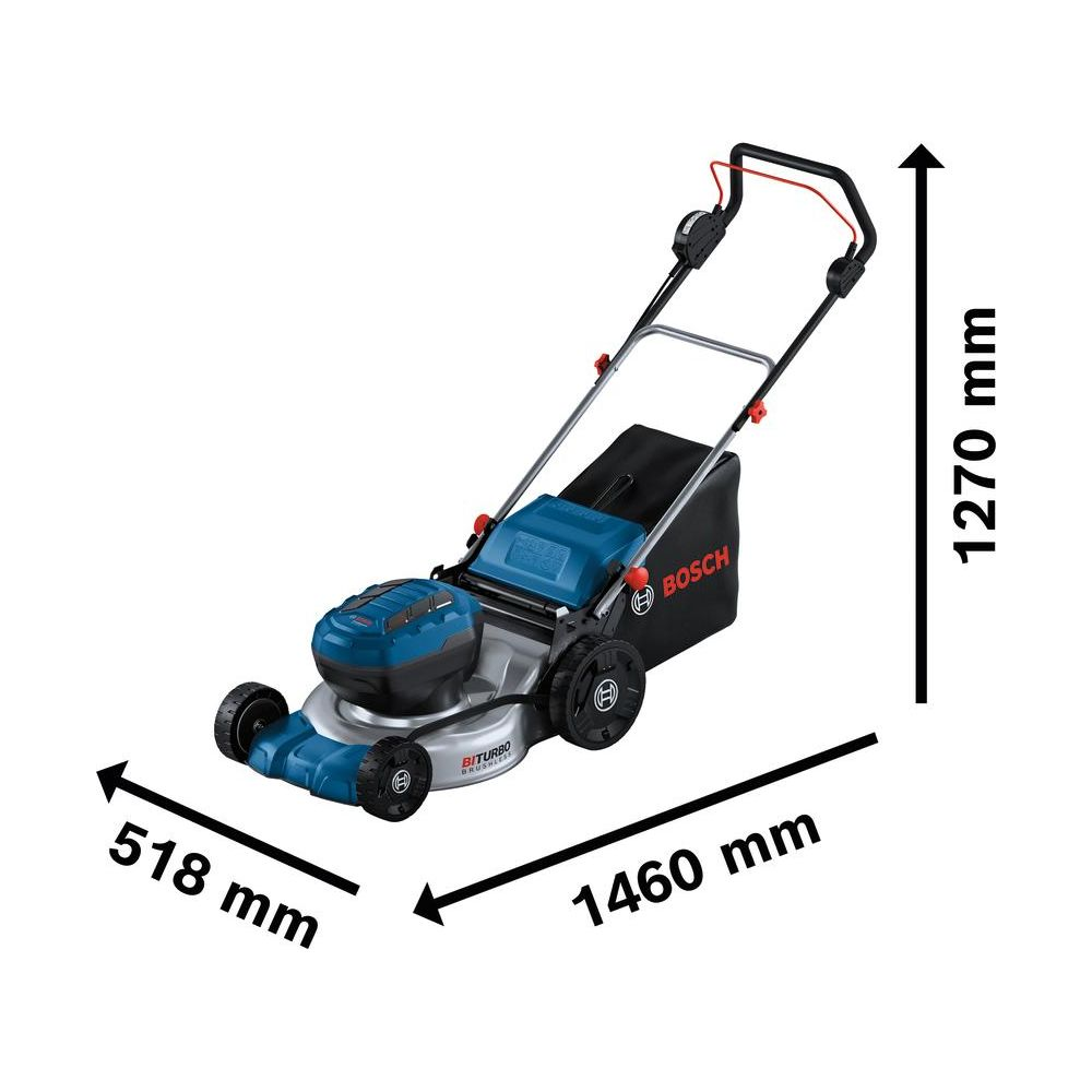 Un cortacésped Bosch en azul y plateado, con dimensiones indicadas.