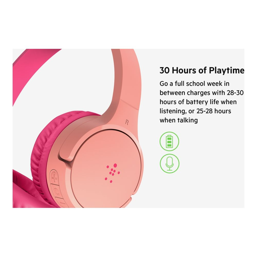Różowe słuchawki z 30-godzinnym czasem odtwarzania i ikoną mikrofonu.