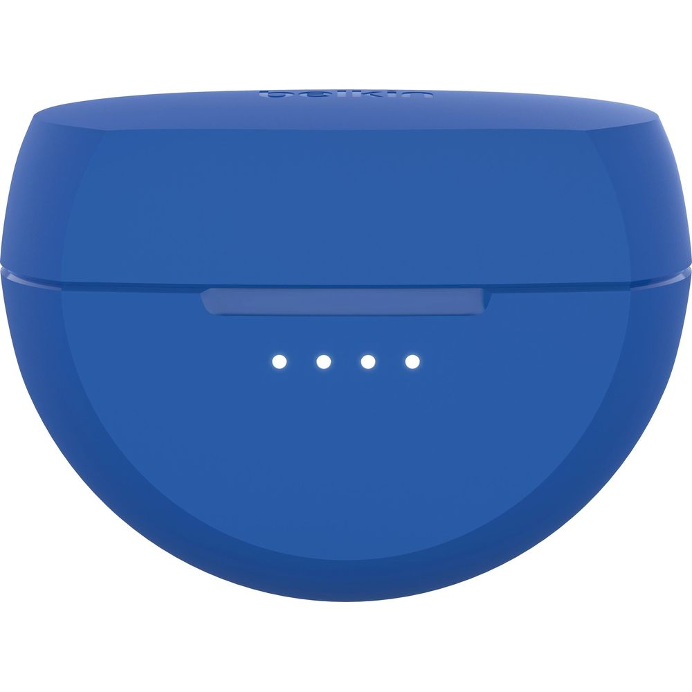 Niebieskie etui ładujące do słuchawek z czterema małymi białymi diodami.