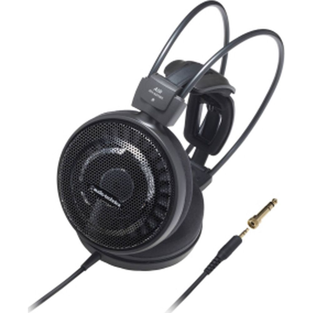 Cuffie nere aperte con cavo e spina jack da 6,3 mm.