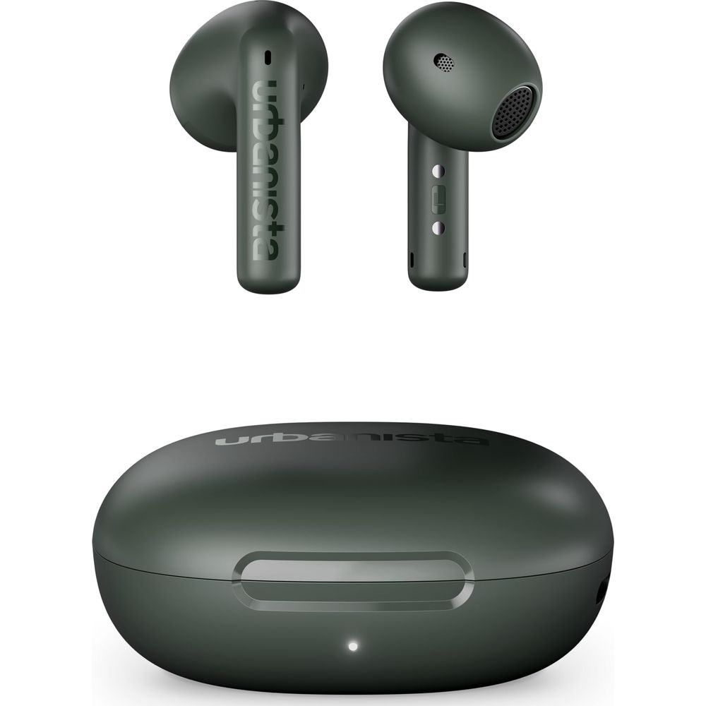 Ciemnozielone słuchawki Urbanista i etui ładujące. Słuchawki mają logo na trzpieniu.