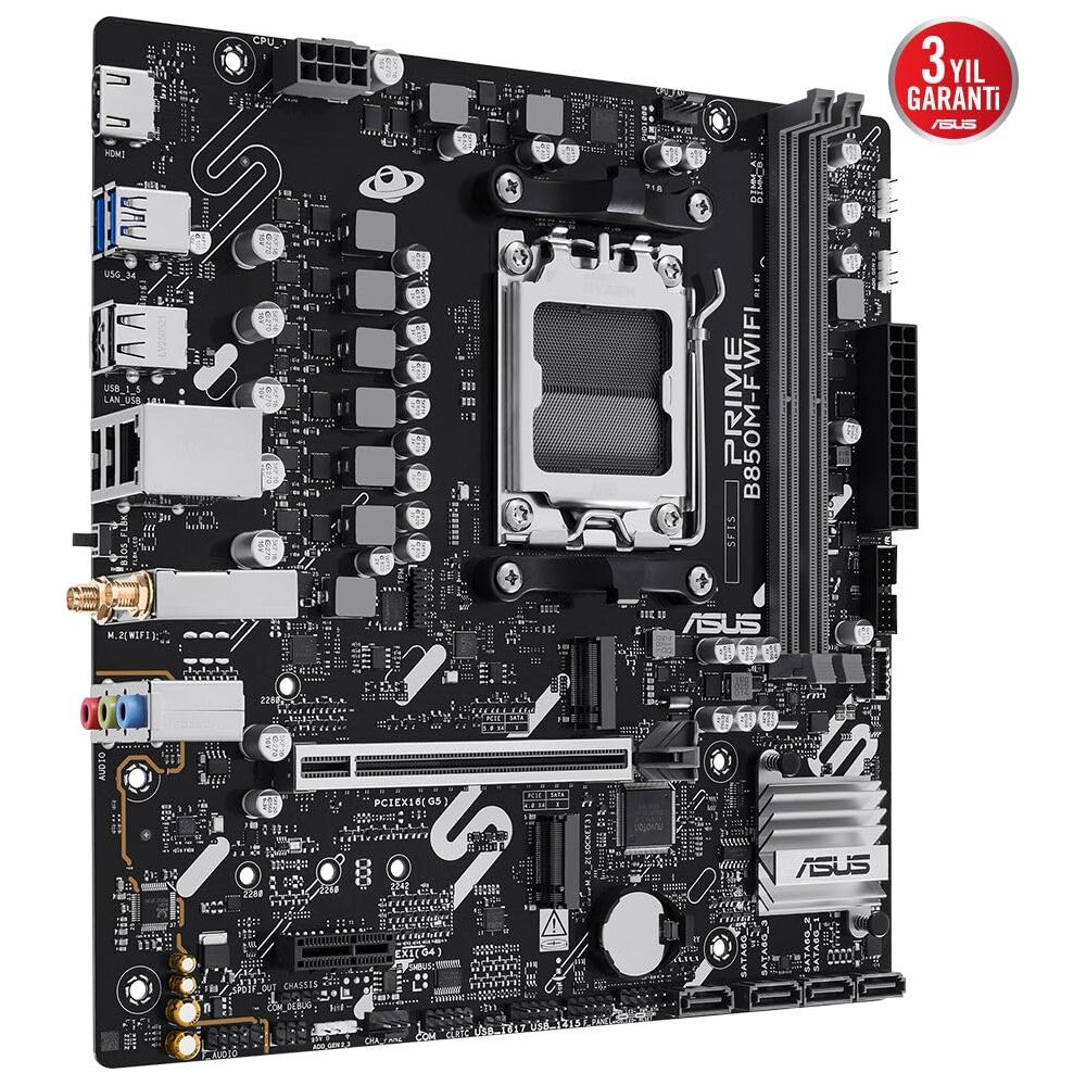 Carte mère noire avec socket CPU, slots RAM, slots PCIe et connecteurs.