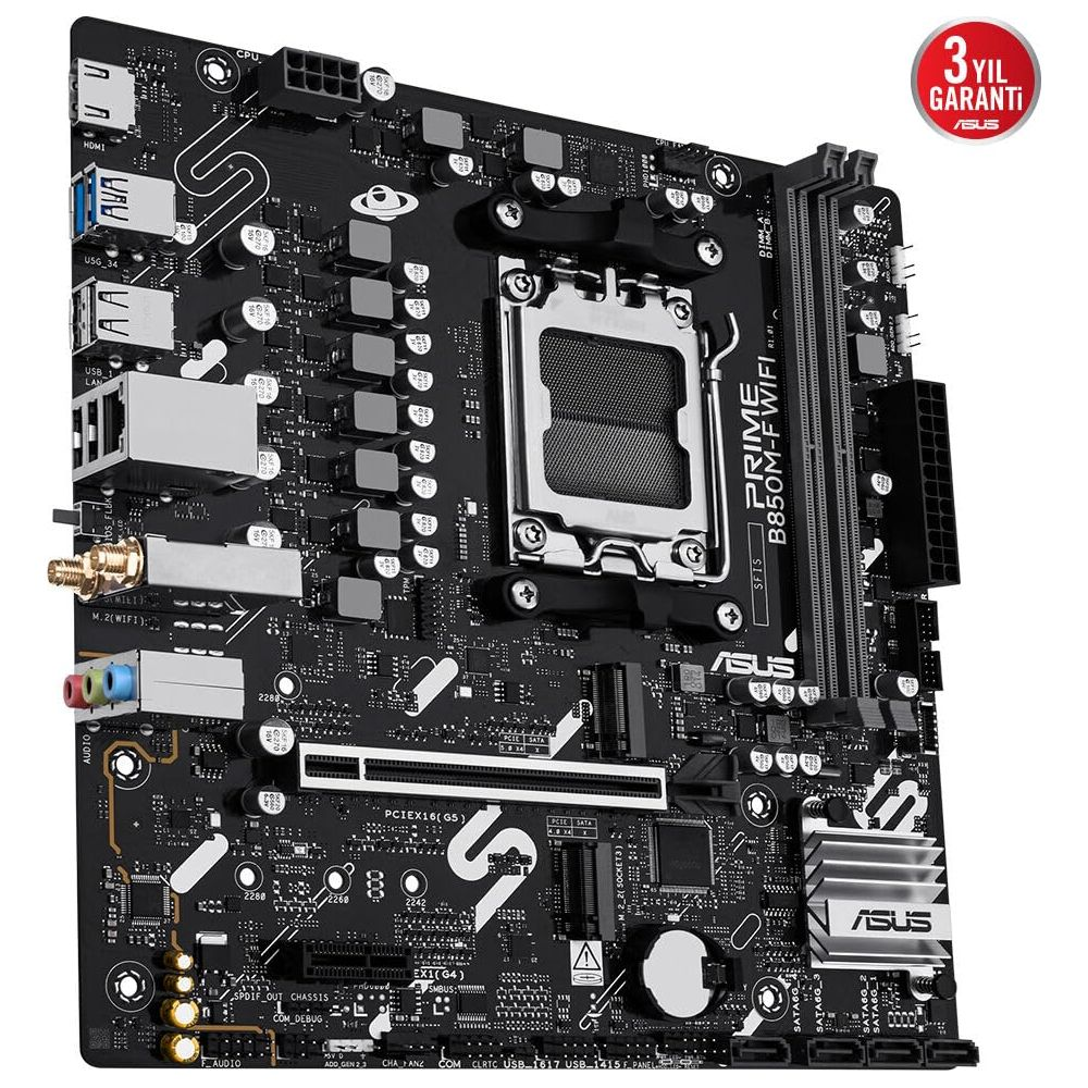 Carte mère ASUS Prime B850M-F WIFI noire avec socket CPU, emplacements RAM et ports.