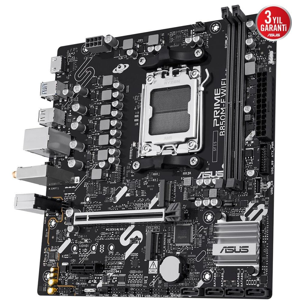 Une carte mère Asus Prime B850M-E WiFi avec socket CPU, emplacements RAM et connecteurs.