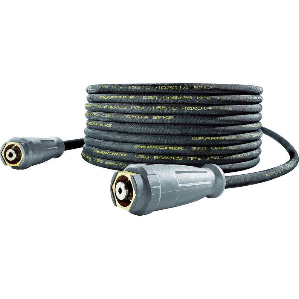 Manguera negra Karcher de alta presión con conectores grises, enrollada.