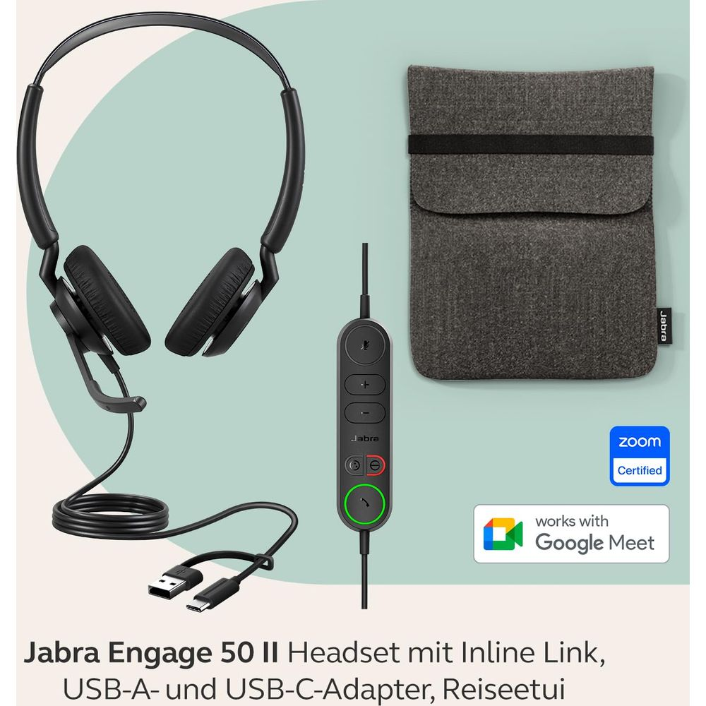 Jabra Engage 50 II headset with inline link, USB-A/C adapter, and pouch.
