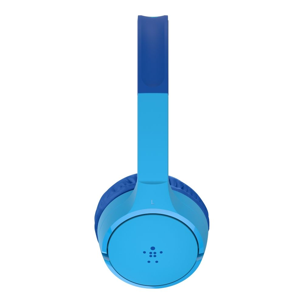 Niebieskie słuchawki z ciemnoniebieskim pałąkiem i nausznikami. Kropki na nauszniku.