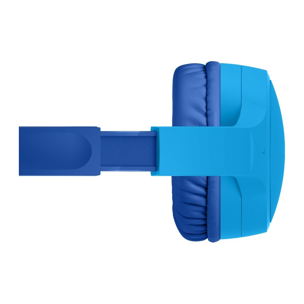 Niebieskie słuchawki z regulowanym pałąkiem i wyściełanymi nausznikami.