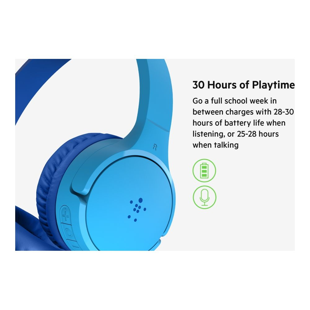 Niebieskie słuchawki z 30-godzinnym czasem odtwarzania i ikoną mikrofonu.