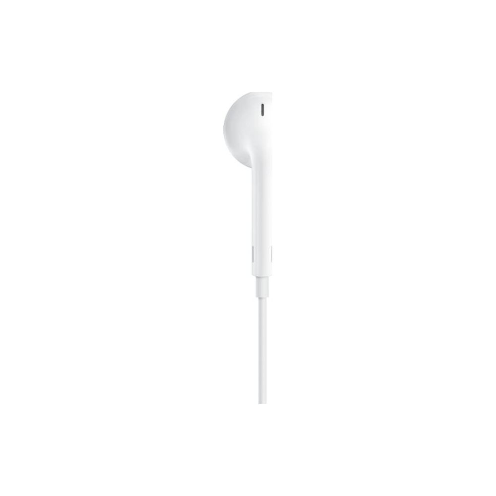 Un auricolare bianco con cavo su sfondo bianco.