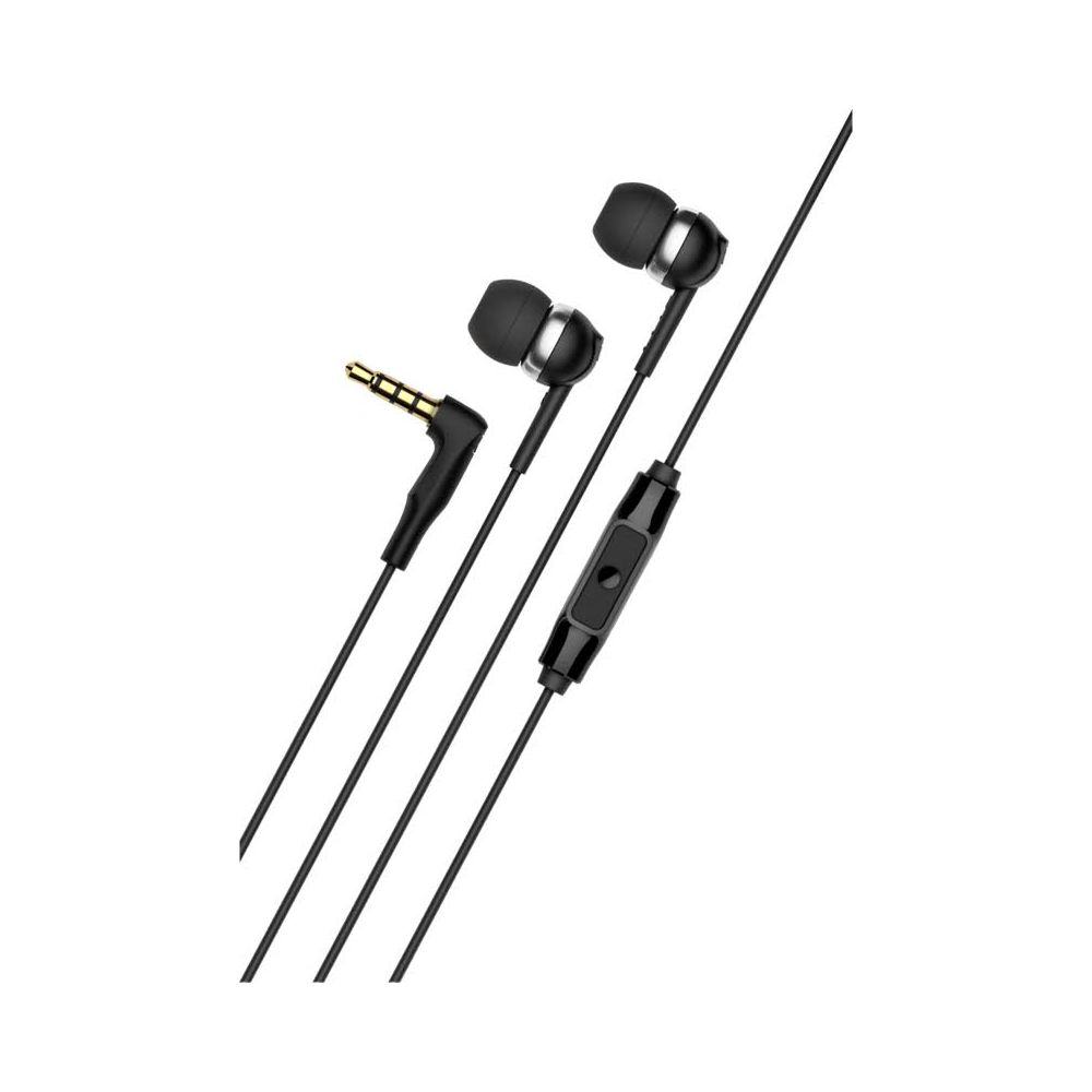 Zwarte in-ear oordopjes met haakse stekker en inline afstandsbediening.