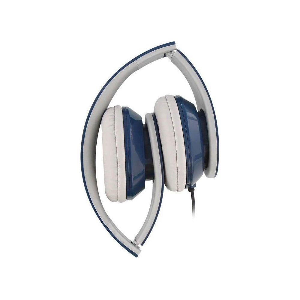 Casque bleu et blanc avec oreillettes rembourrées et arceau.