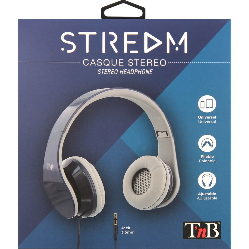 Emballage de casque stéréo montrant le casque, le câble et la prise jack 3,5 mm.