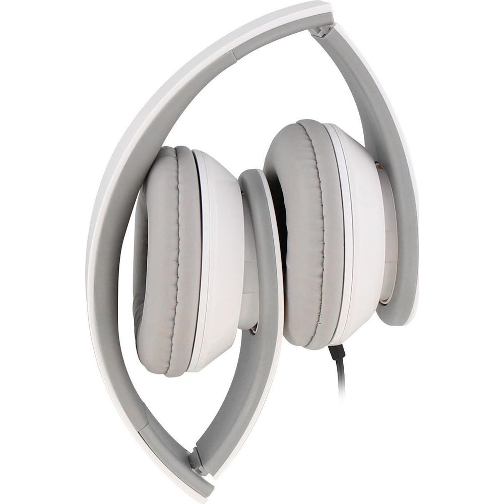 Casque blanc plié avec oreillettes grises sur fond blanc.