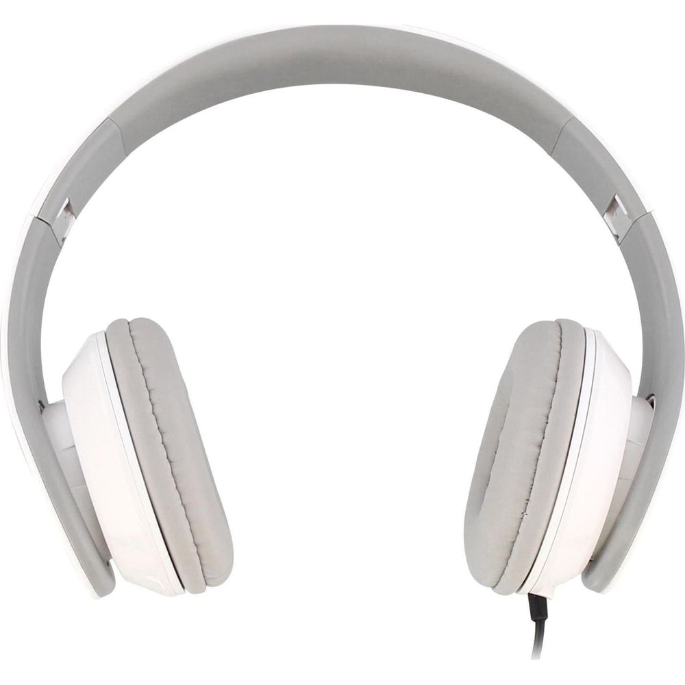 Casque blanc avec arceau et coussinets gris, fond blanc.