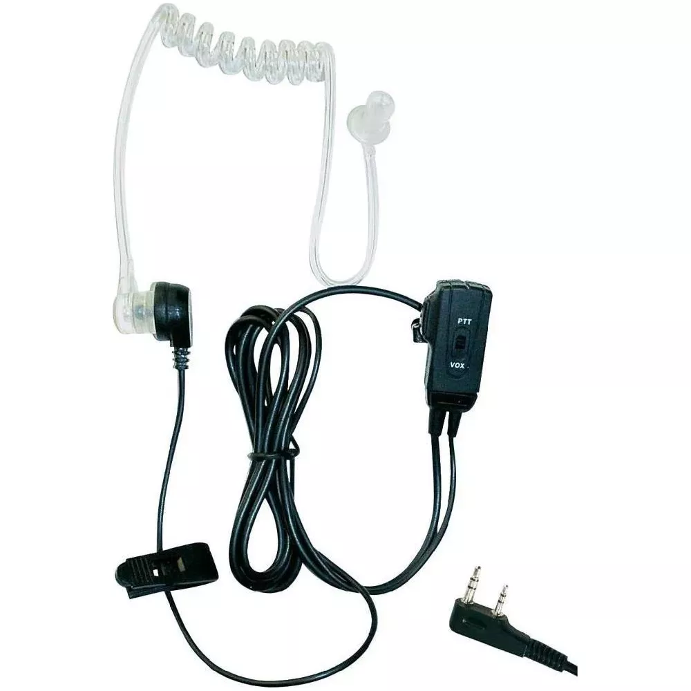 Ein schwarzes Headset mit transparentem Schlauch, PTT-Taste und Klinkenstecker.