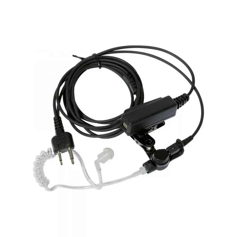 Ein schwarzes Headset mit Ohrhörer, Mikrofon, Clip und Kabel.