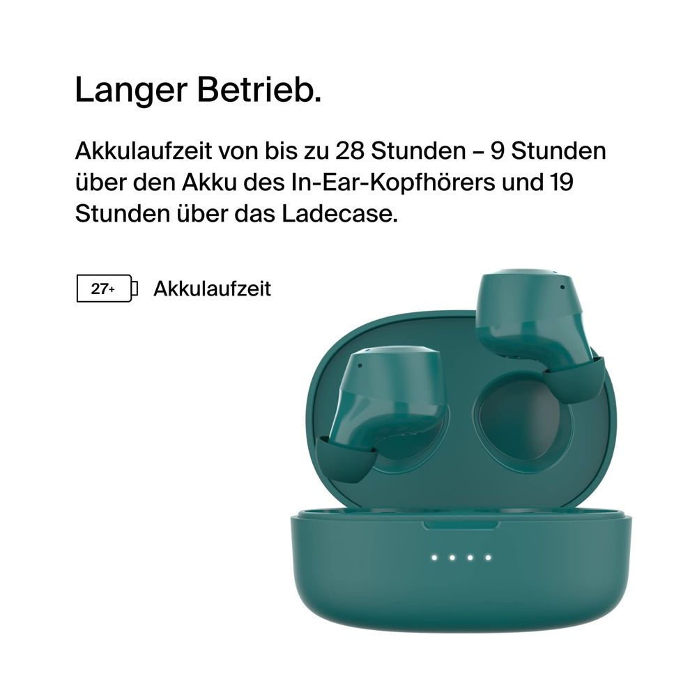 Türkisfarbene In-Ear-Kopfhörer in einer Ladeschale mit 27+ Stunden Akkulaufzeit.
