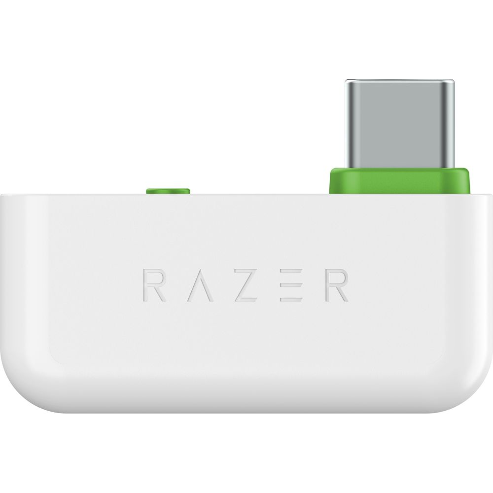 Biały klucz sprzętowy Razer USB-C z zielonym akcentem i srebrnym złączem.