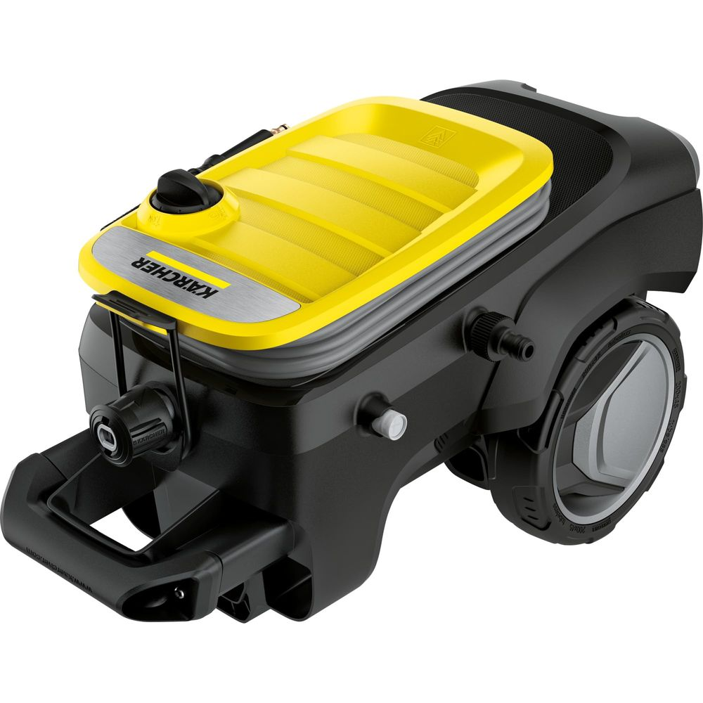 Una idropulitrice nera con coperchio giallo e ruote.