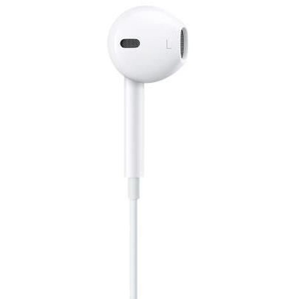 Un auricolare bianco con cavo su sfondo bianco.