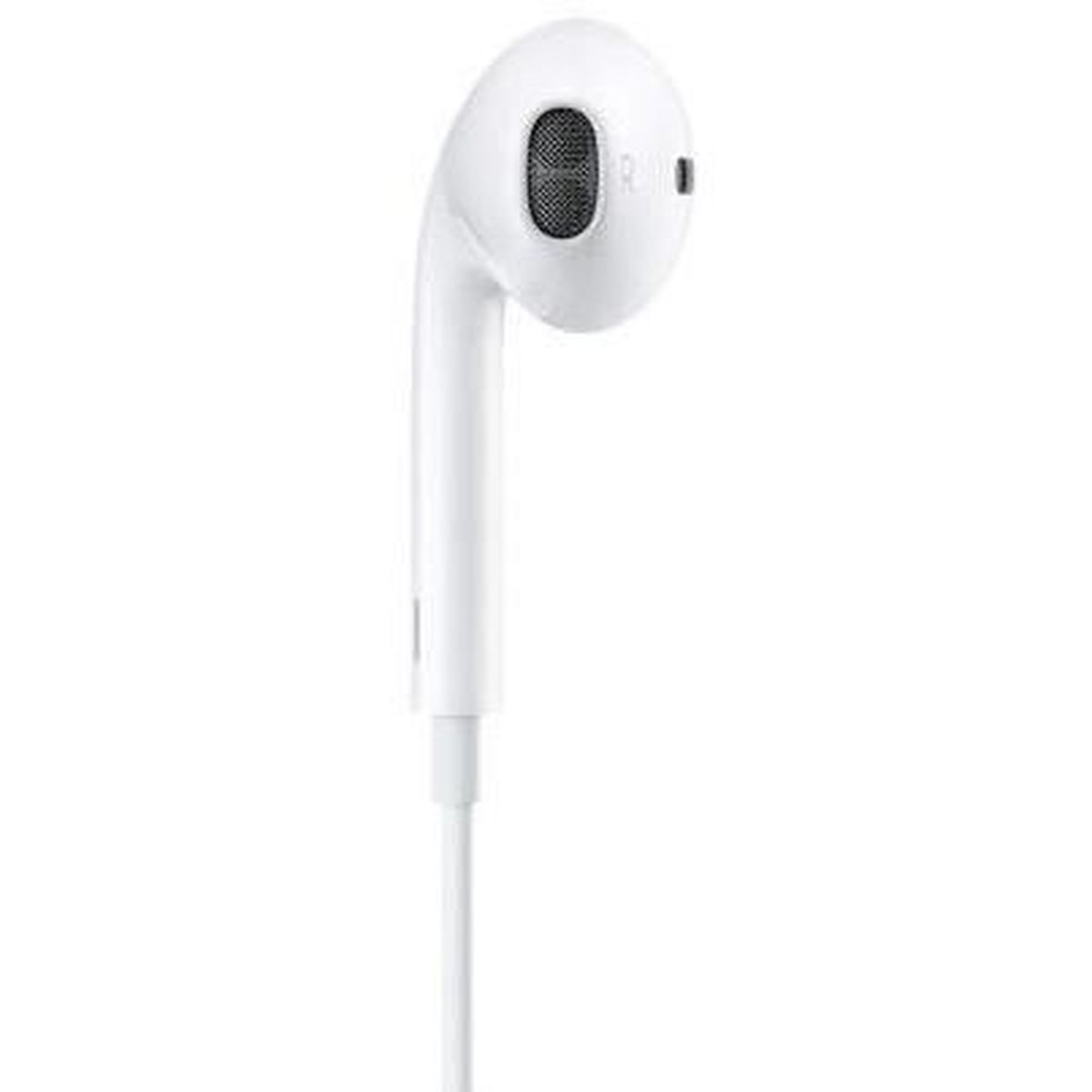 Un auricolare bianco con griglia nera e cavo su sfondo bianco.