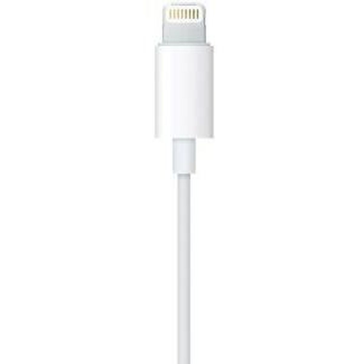 Un connettore per cavo lightning bianco, isolato su sfondo bianco.