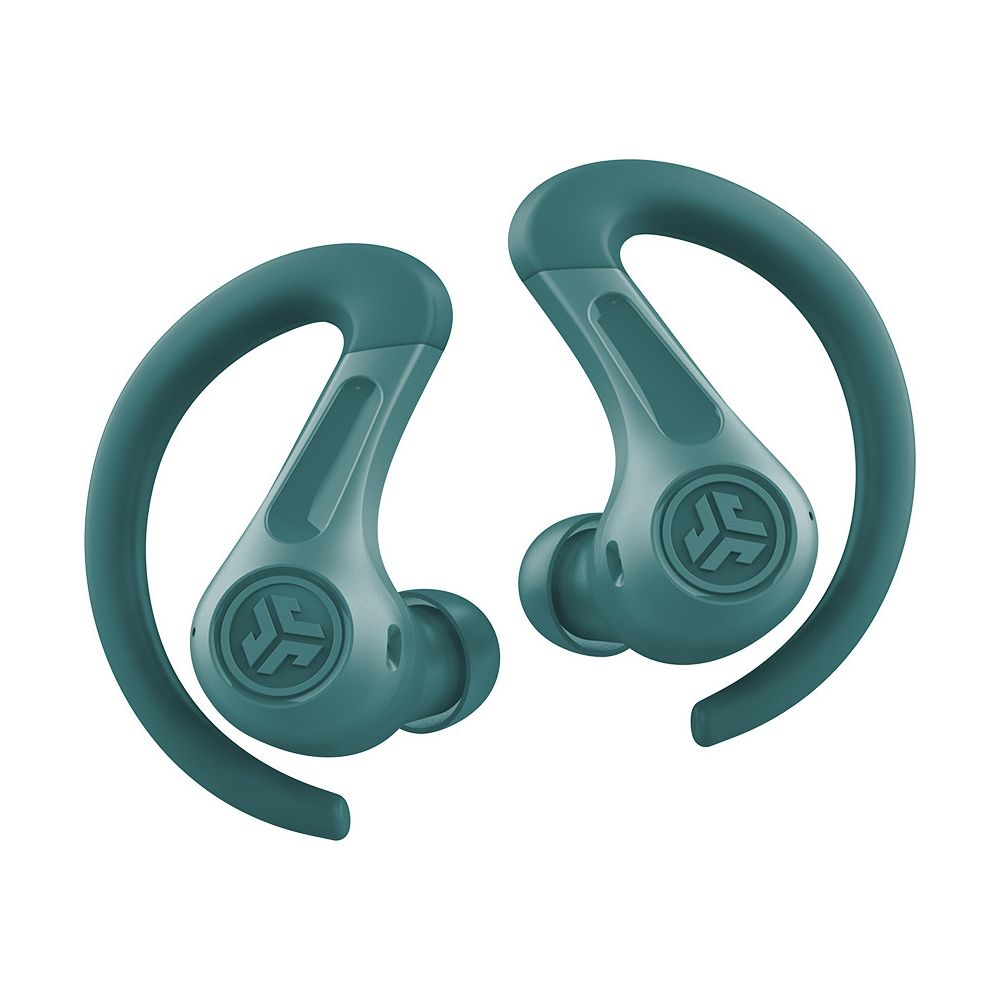 Dwa turkusowe słuchawki z pałąkami na uszy na białym tle.