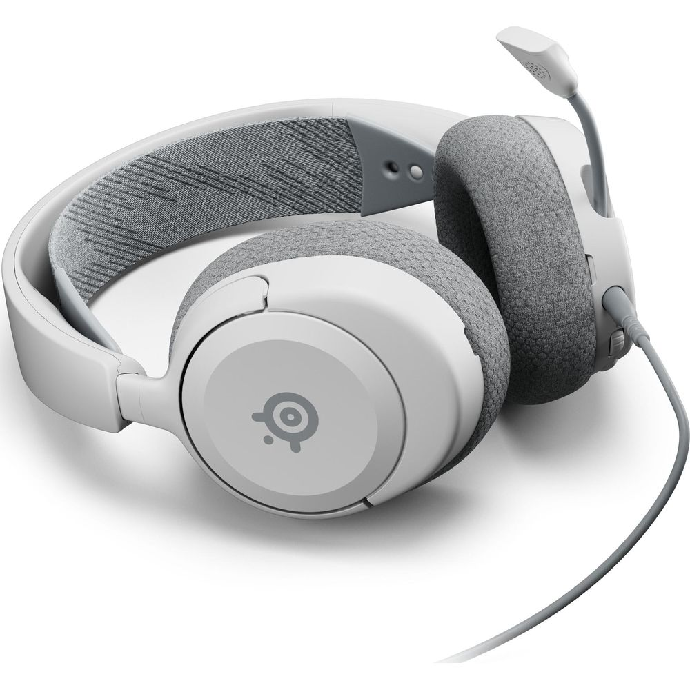 Cuffie da gaming bianche con tessuto grigio e microfono.