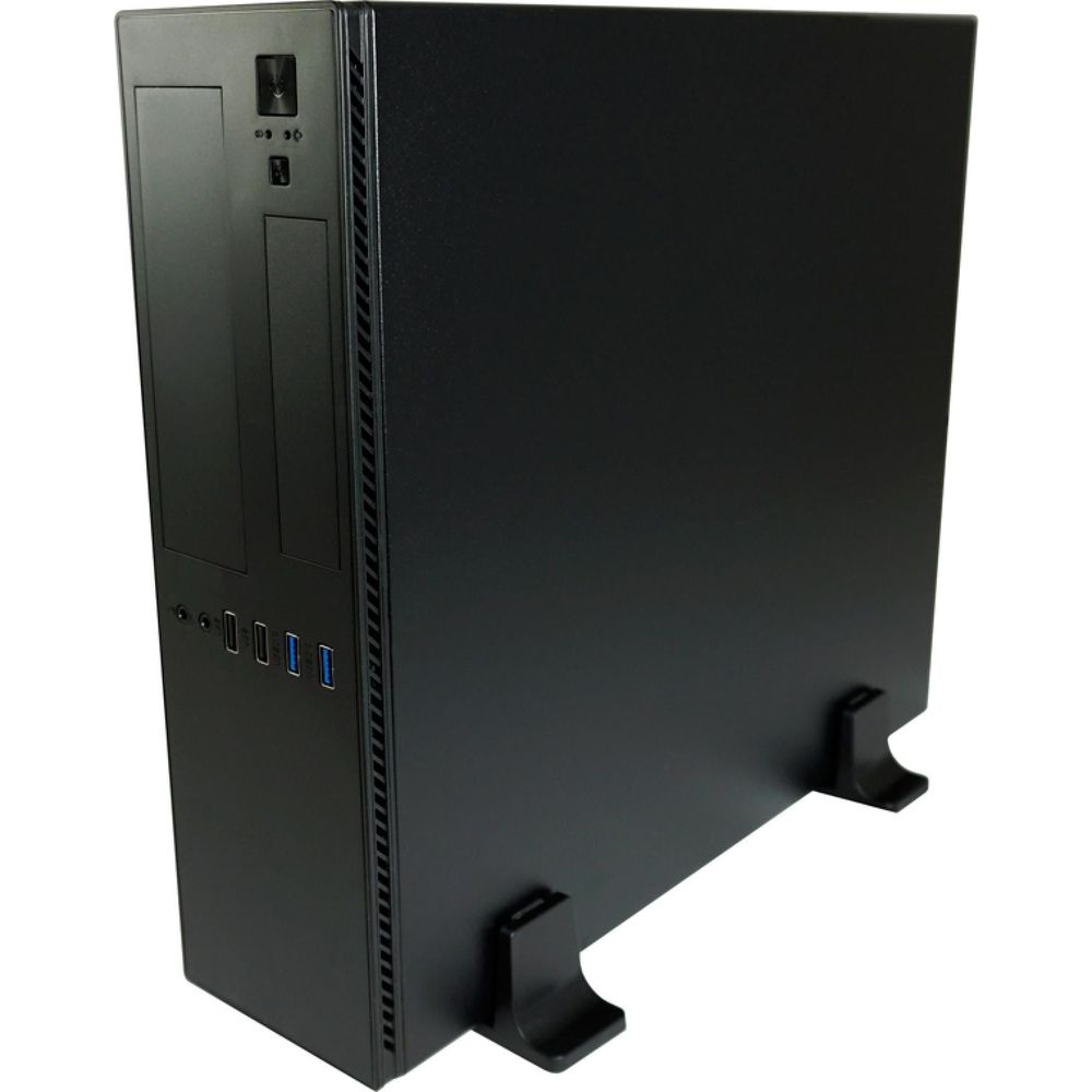 Ein schwarzes Computer-Tower-Gehäuse steht auf zwei schwarzen Füßen vor weißem Hintergrund.