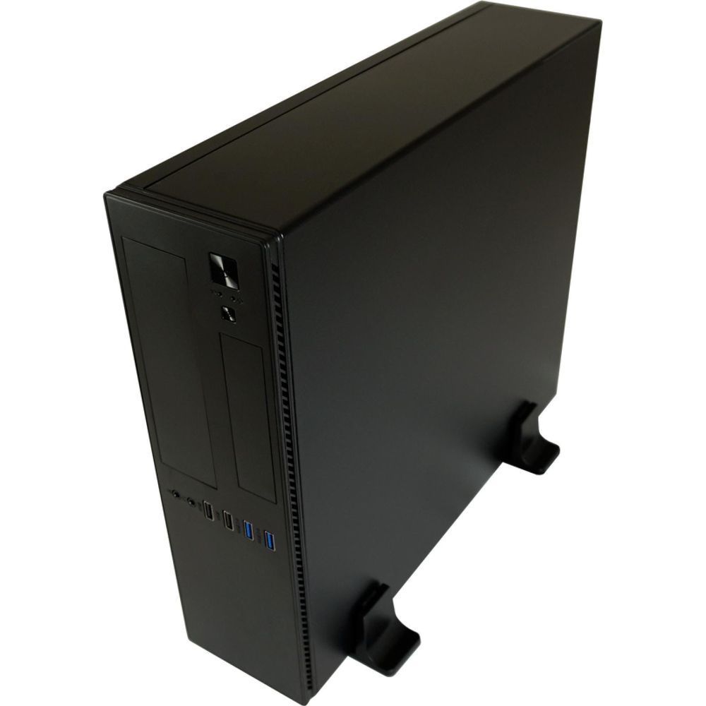 Ein schwarzes PC-Gehäuse auf Ständern, mit Anschlüssen und Tasten an der Vorderseite.