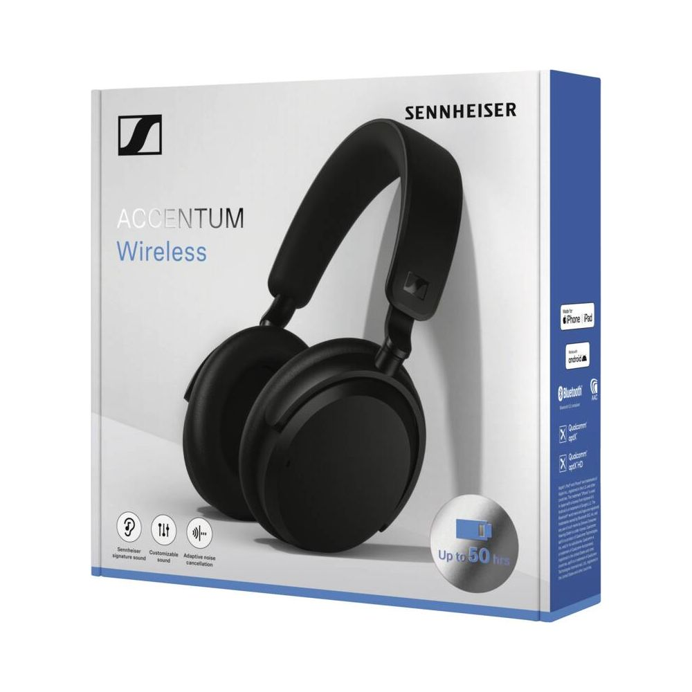 Schwarze Sennheiser ACCENTUM Wireless Kopfhörer auf Verpackung mit Features.