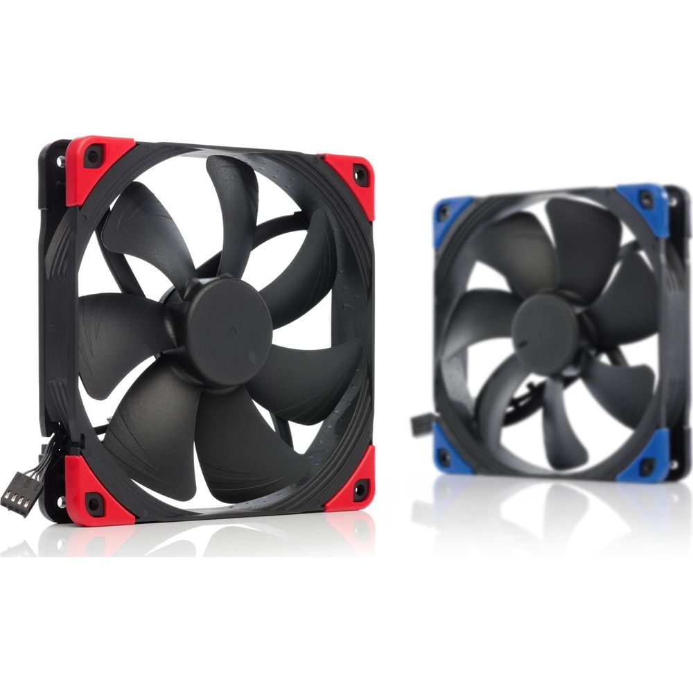 Dwa czarne wentylatory komputerowe, jeden z czerwonymi, drugi z niebieskimi narożnikami.