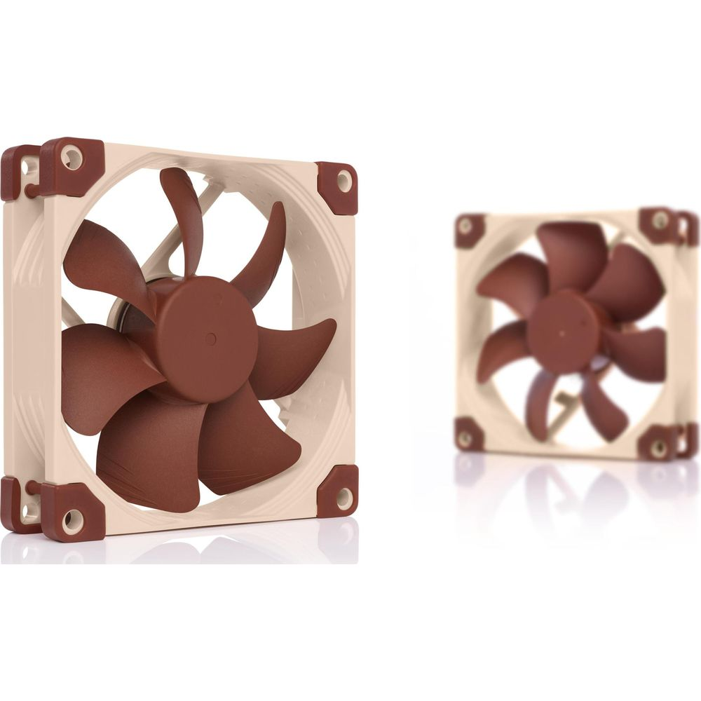 Beżowy wentylator z brązowymi łopatkami, mniejszy w tle.