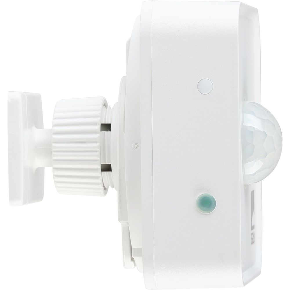 Un sensore di movimento bianco con lente a cupola e luce di indicazione verde.