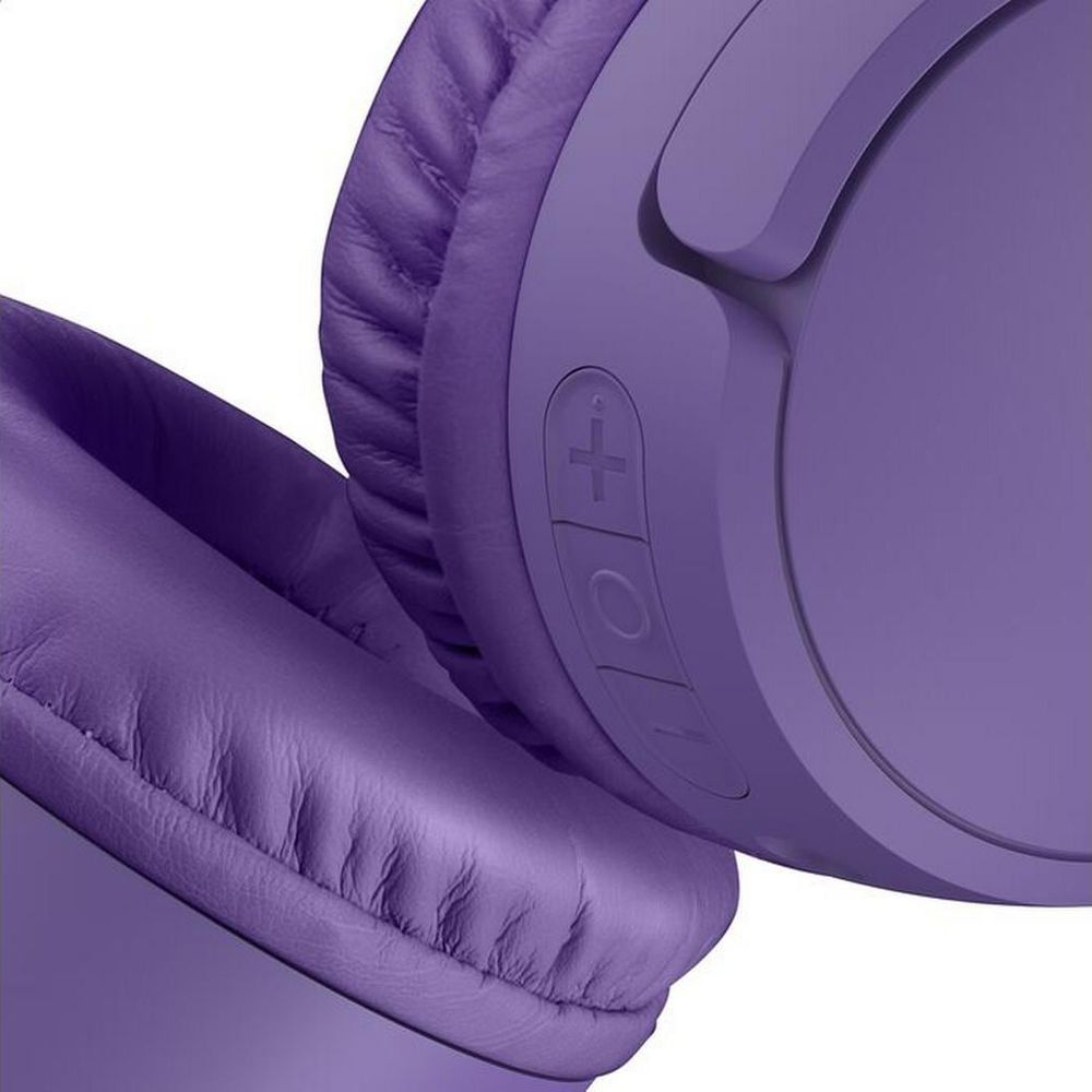 Casque violet avec boutons de volume et de lecture.