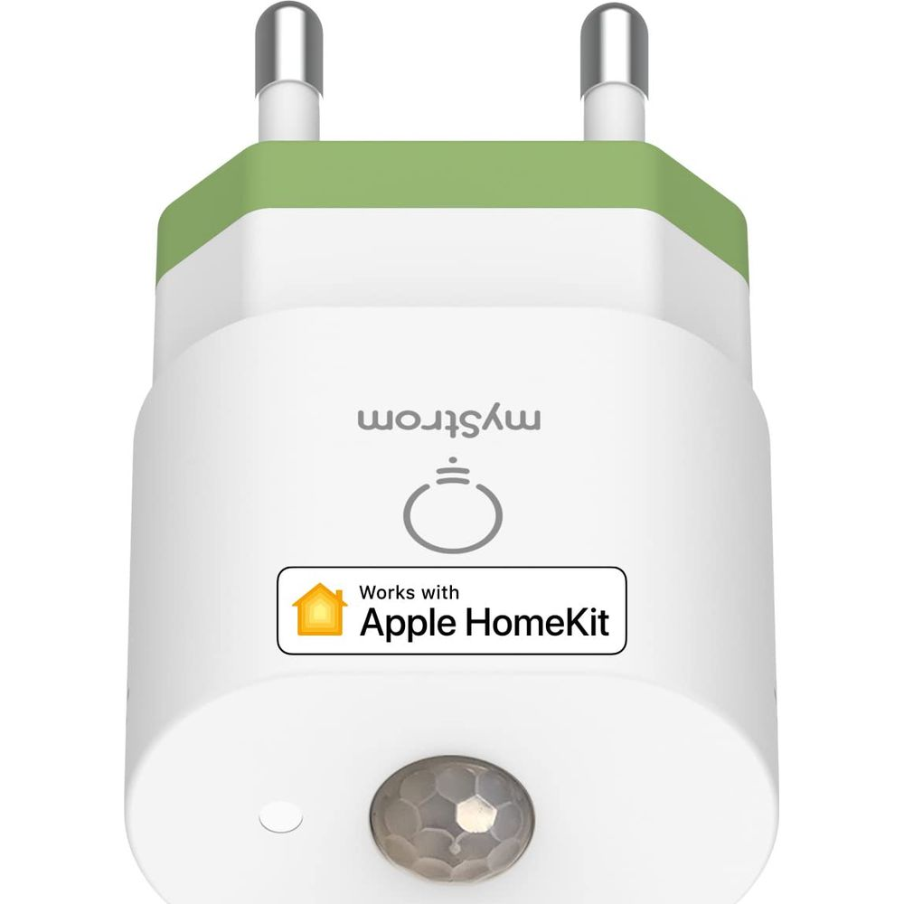 Prise blanche avec détecteur de mouvement et logo HomeKit.