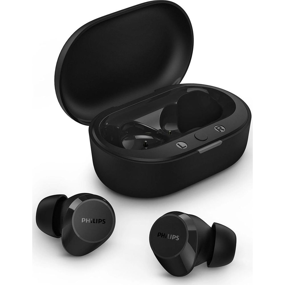 Auriculares Philips negros con estuche de carga. Dos auriculares al frente.