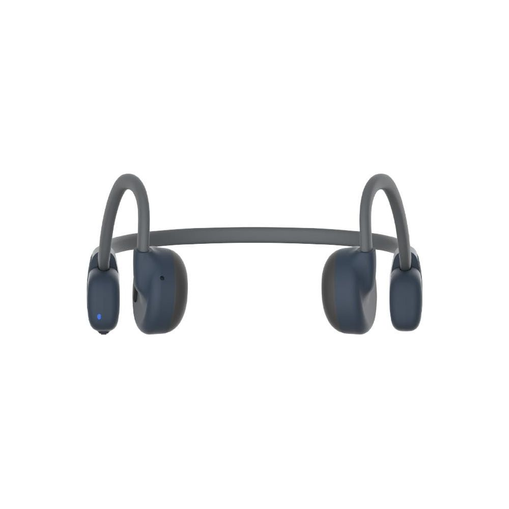 Dunkelblaue Bone-Conduction-Kopfhörer mit grauem Bügel und blauem LED-Licht.