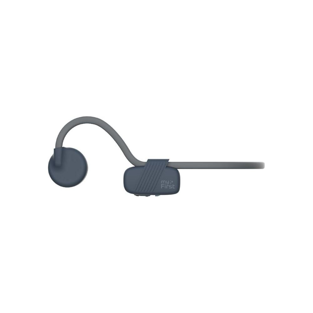 Ein graues Nacken-Headset mit einem Ohrbügel und einer Steuereinheit mit der Aufschrift 