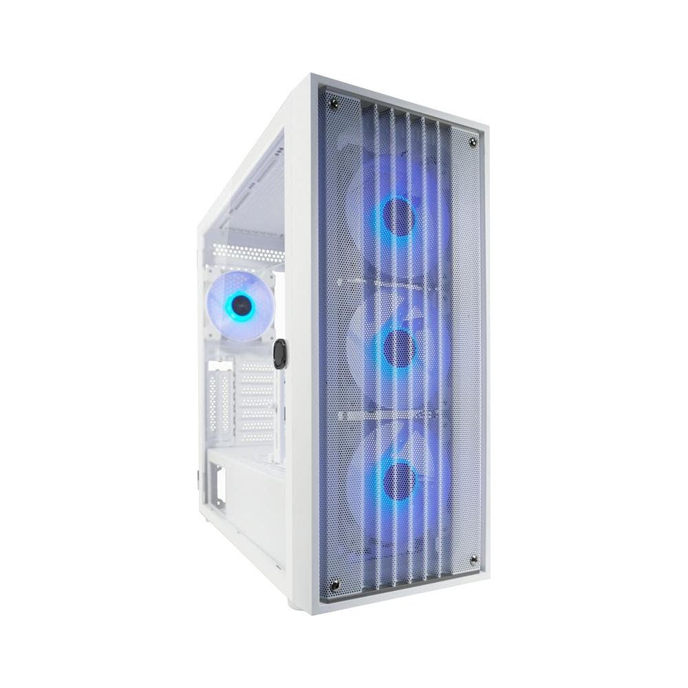 Weißes Computergehäuse mit drei blauen beleuchteten Lüftern vorne und einem an der Seite.