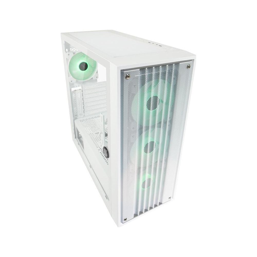 Ein weißes PC-Gehäuse mit beleuchteten grünen Lüftern, isoliert auf weißem Hintergrund.
