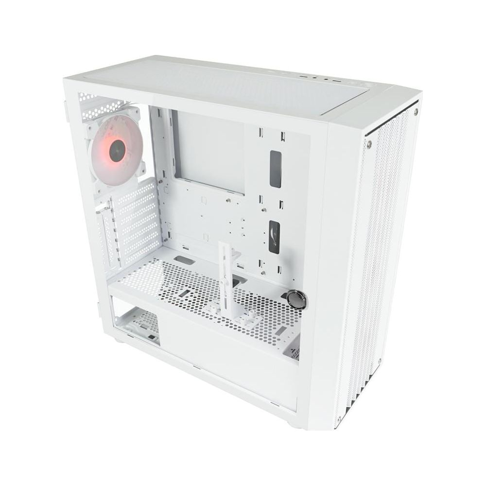 Ein weißes Computergehäuse mit einem roten Lüfter auf der linken Seite.
