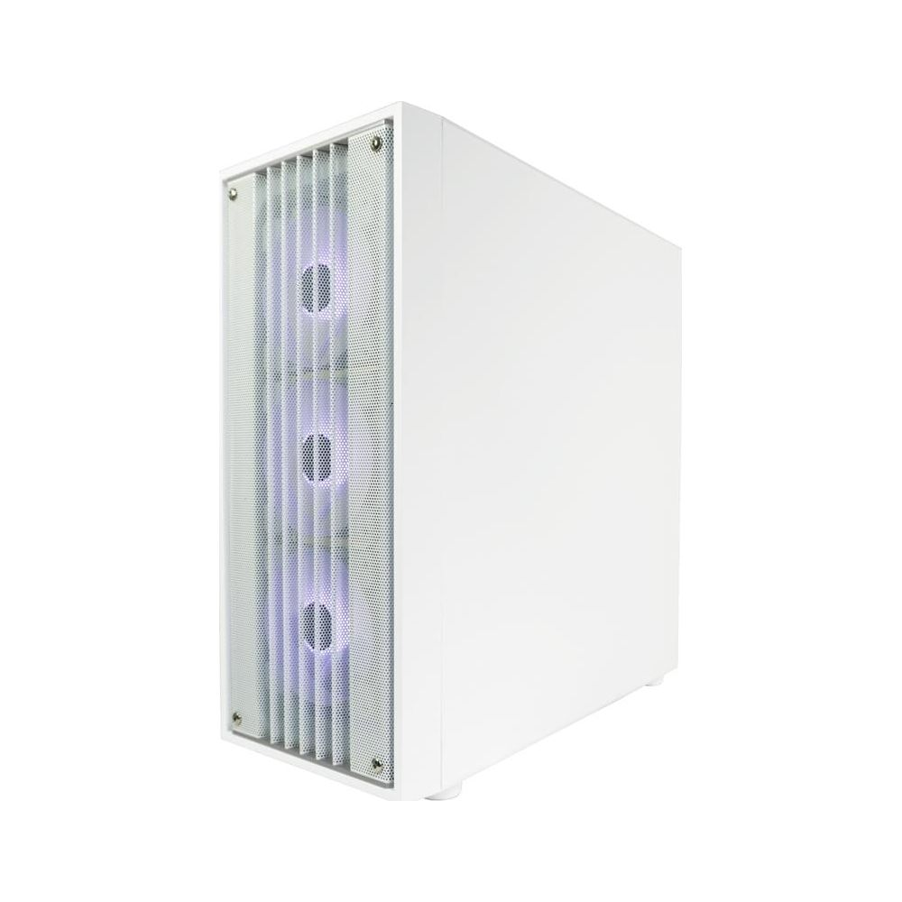 Ein weißes Computergehäuse mit Lüftern und lila Lichtern.