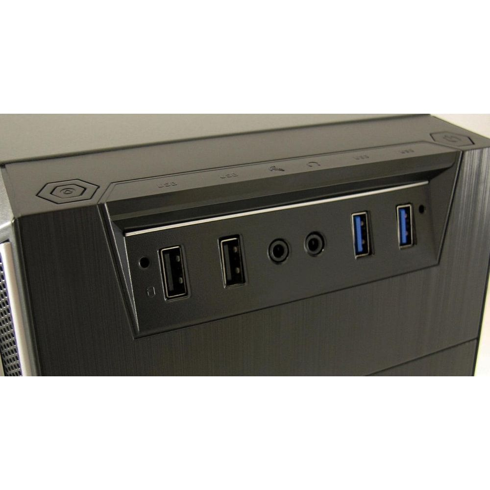Vorderseite eines schwarzen Computergehäuses mit USB- und Audioanschlüssen.