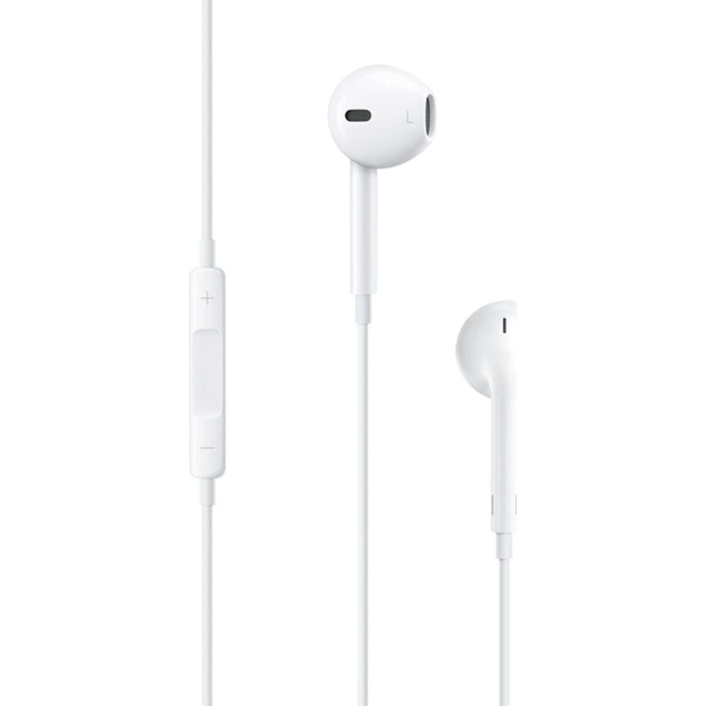 Auricolari bianchi con controlli volume su sfondo bianco.