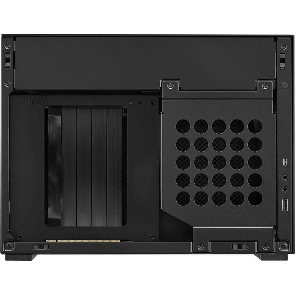 Pannello posteriore di un case per computer nero con fessure di ventilazione e porte.