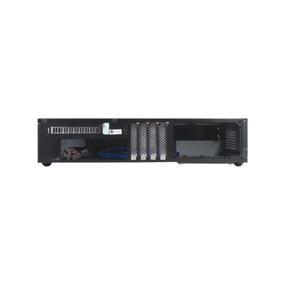 Case del computer nero con cavi e slot di espansione, visto frontalmente.